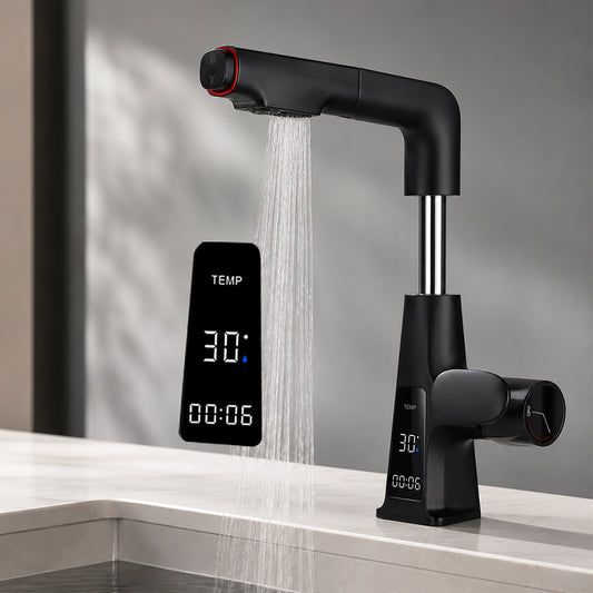 Digital Display Pull-Out Bathroom Sink Faucet with Dual Spray Modes