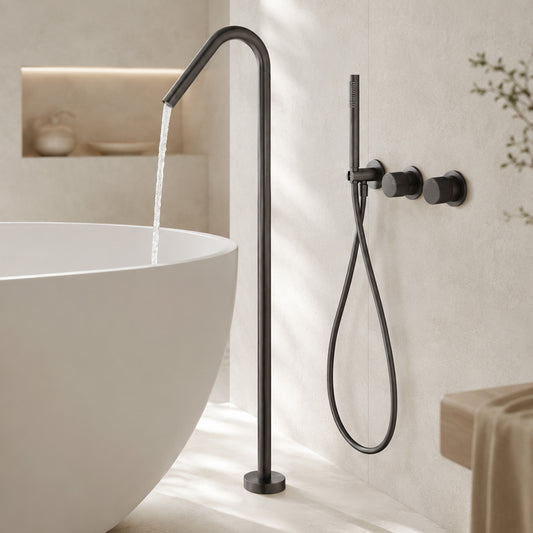 Floor-Mounted Bathtub Faucet with Concealed Controls and Handheld Shower