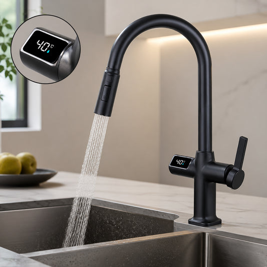 Digital Display Pull-Out Kitchen Faucet with 3 Spray Modes