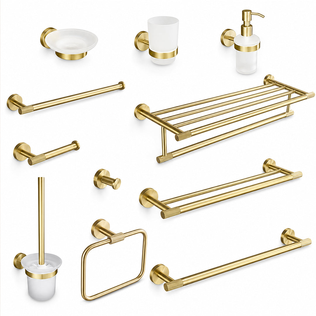 Brushed Gold Wall-Mounted Bathroom Hardware Set with Towel Bars, Shelf & Accessories