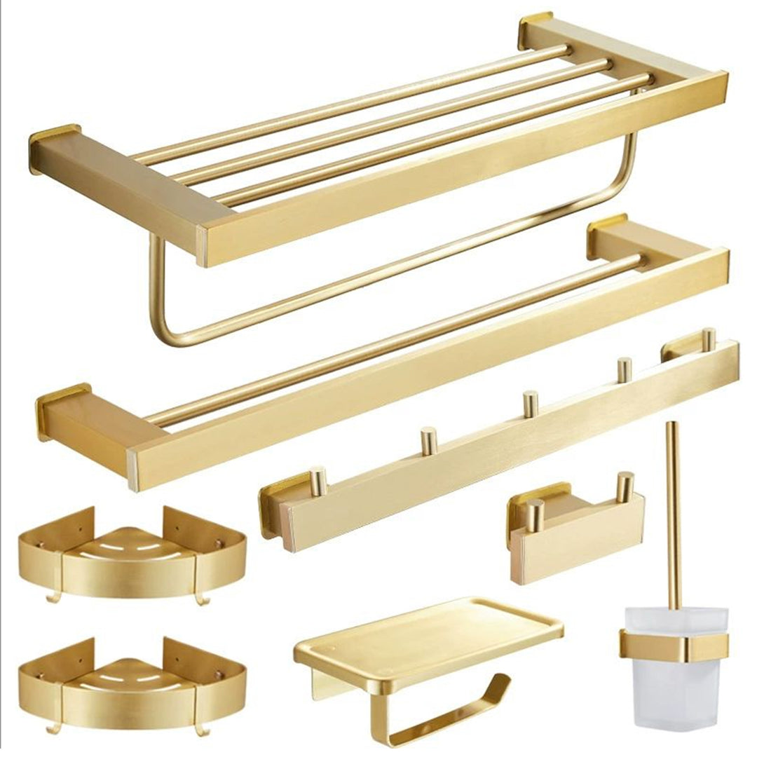 Wall Mounted Bruhsed Gold Bathroom Hardware Set with Towel Rack, Hooks & Toilet Paper Holder