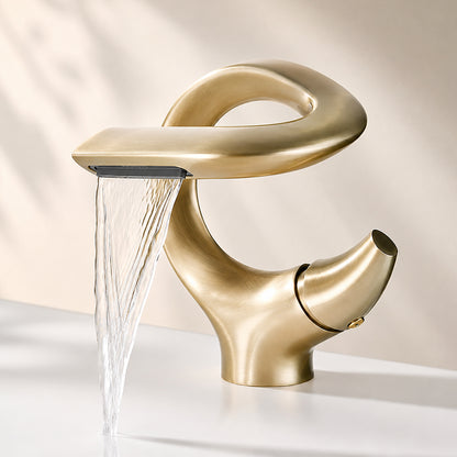 Brass Waterfall Bathroom Sink Faucet with Sculptural Design
