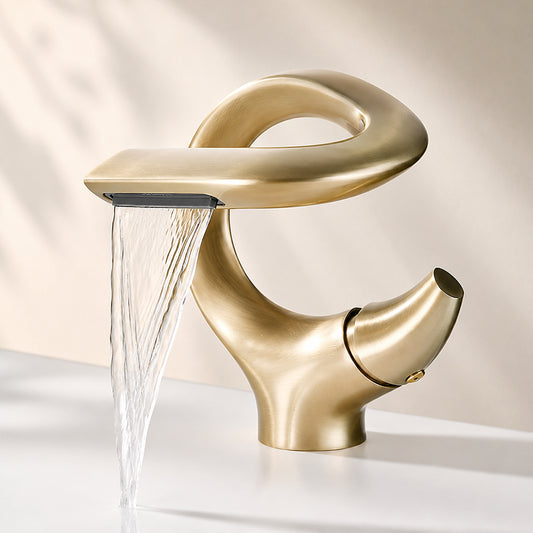 Brass Waterfall Bathroom Sink Faucet with Sculptural Design