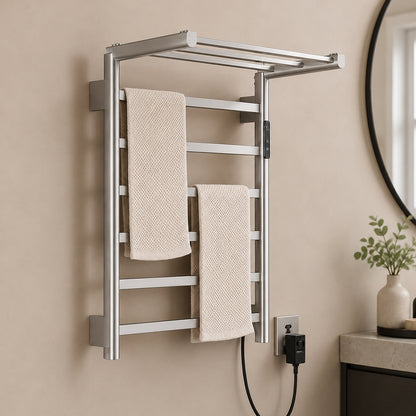 Stainless Steel Foldable Heated Towel Rack with Top Shelf, Timer & Temperature Control