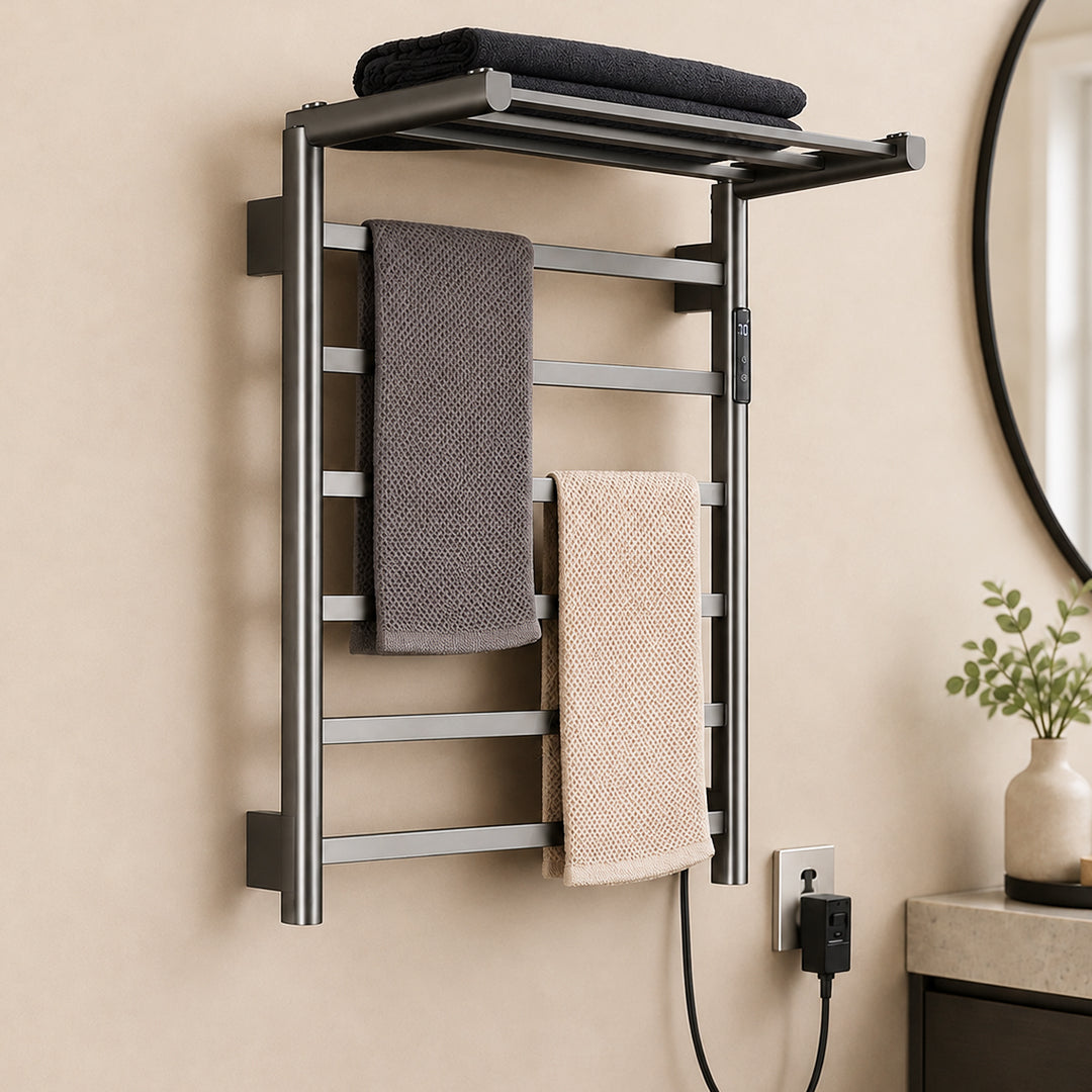 Stainless Steel Foldable Heated Towel Rack with Top Shelf, Timer & Temperature Control