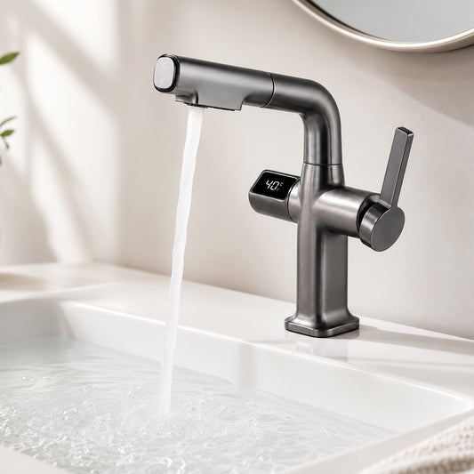Digital Temperature Display Pull-Out Bathroom Faucet with Handheld Sprayer