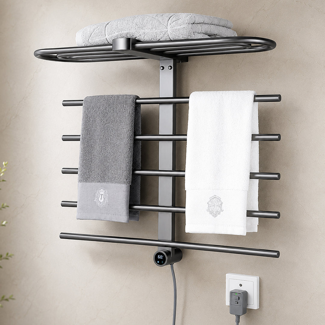 Wall-Mounted Heated Towel Rack with Storage Shelf & Digital Control