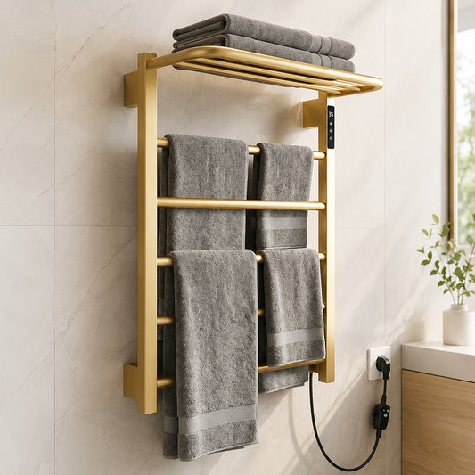 Wall Mounted Heated Towel Rack with Top Shelf, Timer & Temperature Control