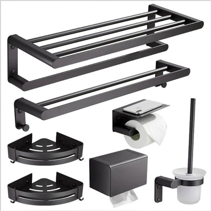 Black Wall-Mounted Bathroom Hardware Set with Towel Racks, Corner Shelves & Toilet Accessories