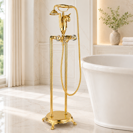 Luxury Swan Freestanding Bathtub Faucet with Handheld Shower  Polished Gold Finish