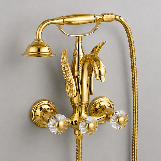 Gold Wall Mount Bathtub Faucet with Handheld Shower, Vintage Brass Tub Filler Mixer with Crystal Knobs