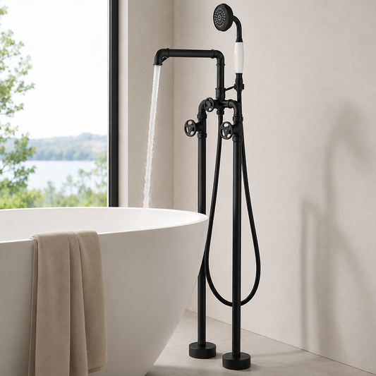 Double Handle Matte Black Freestanding Bathtub Faucet with Hand Shower