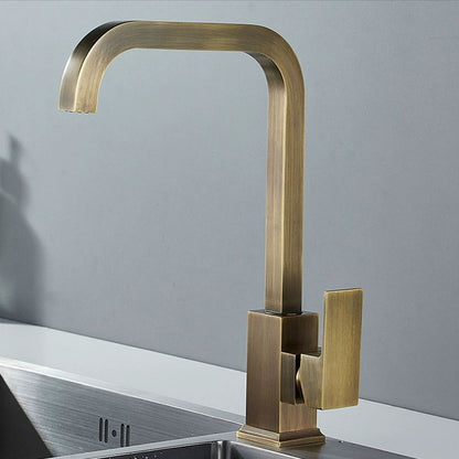 Antique Brass Kitchen Faucet Single Handle Hot and Cold Mixer Tap for Sink