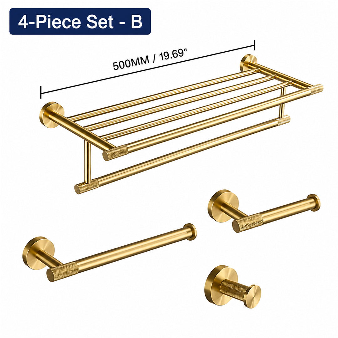 Brushed Gold Wall-Mounted Bathroom Hardware Set with Towel Bars, Shelf & Accessories