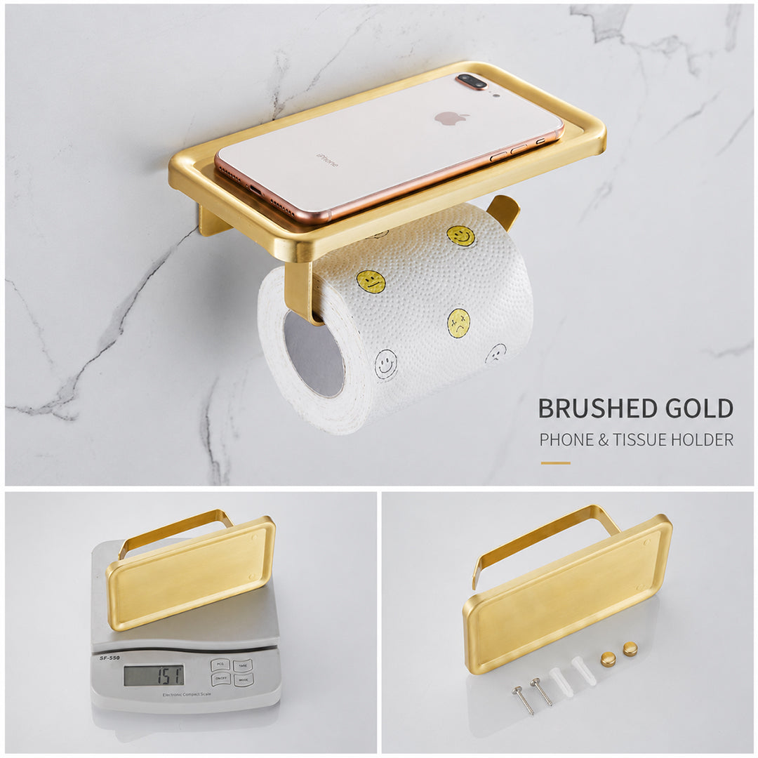 Wall Mounted Bruhsed Gold Bathroom Hardware Set with Towel Rack, Hooks & Toilet Paper Holder