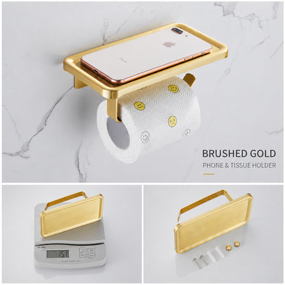 Wall Mounted Bruhsed Gold Bathroom Hardware Set with Towel Rack, Hooks & Toilet Paper Holder