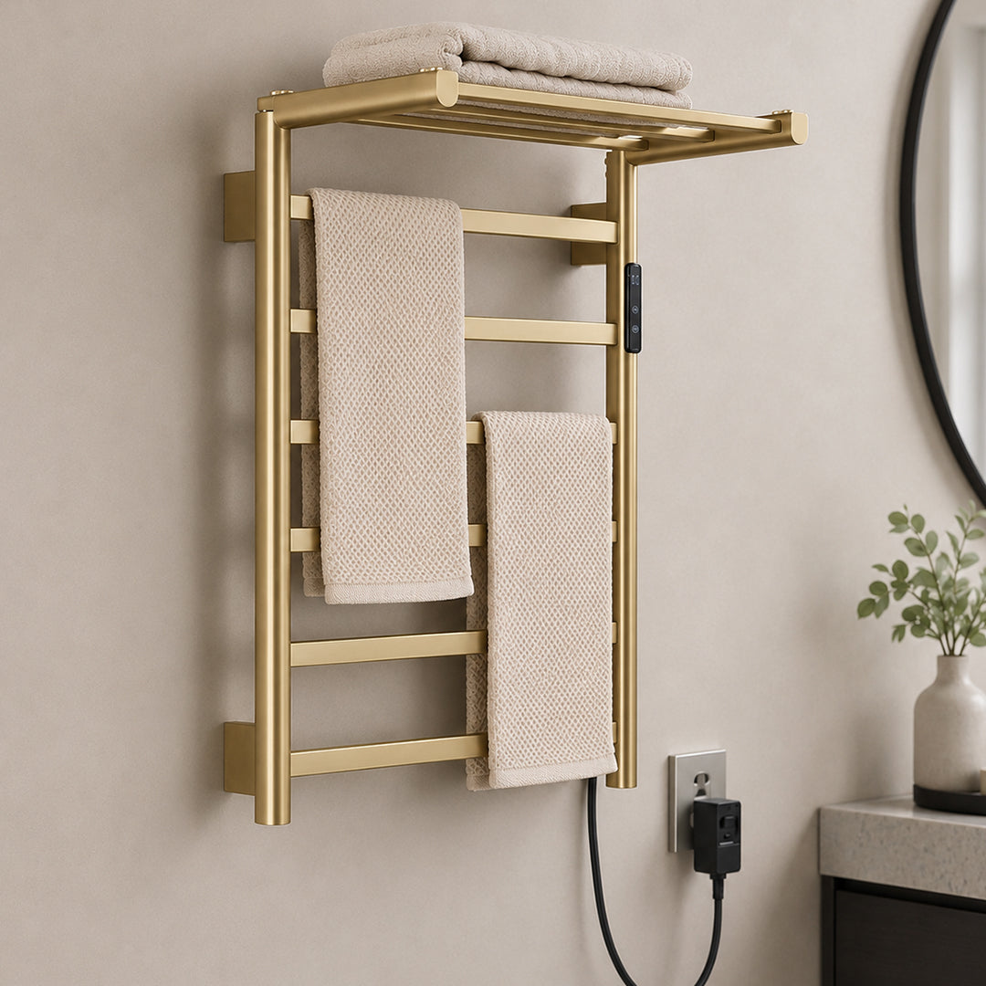 Stainless Steel Foldable Heated Towel Rack with Top Shelf, Timer & Temperature Control
