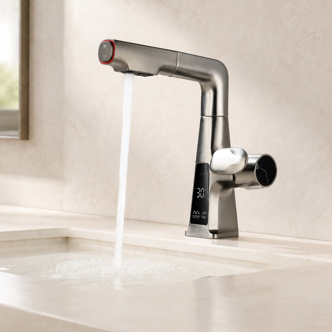 Digital Display Pull-Out Bathroom Sink Faucet with Dual Spray Modes
