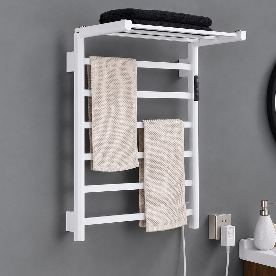 Stainless Steel Foldable Heated Towel Rack with Top Shelf, Timer & Temperature Control
