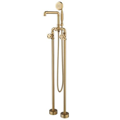 Double Handle Matte Black Freestanding Bathtub Faucet with Hand Shower