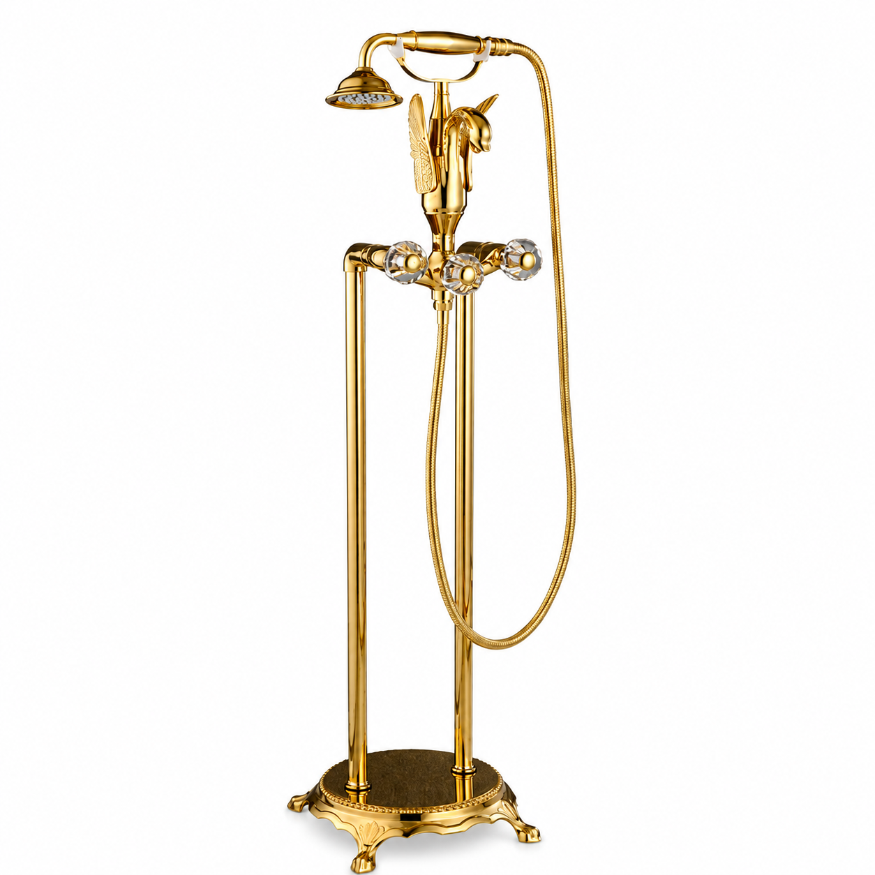 Luxury Swan Freestanding Bathtub Faucet with Handheld Shower  Polished Gold Finish