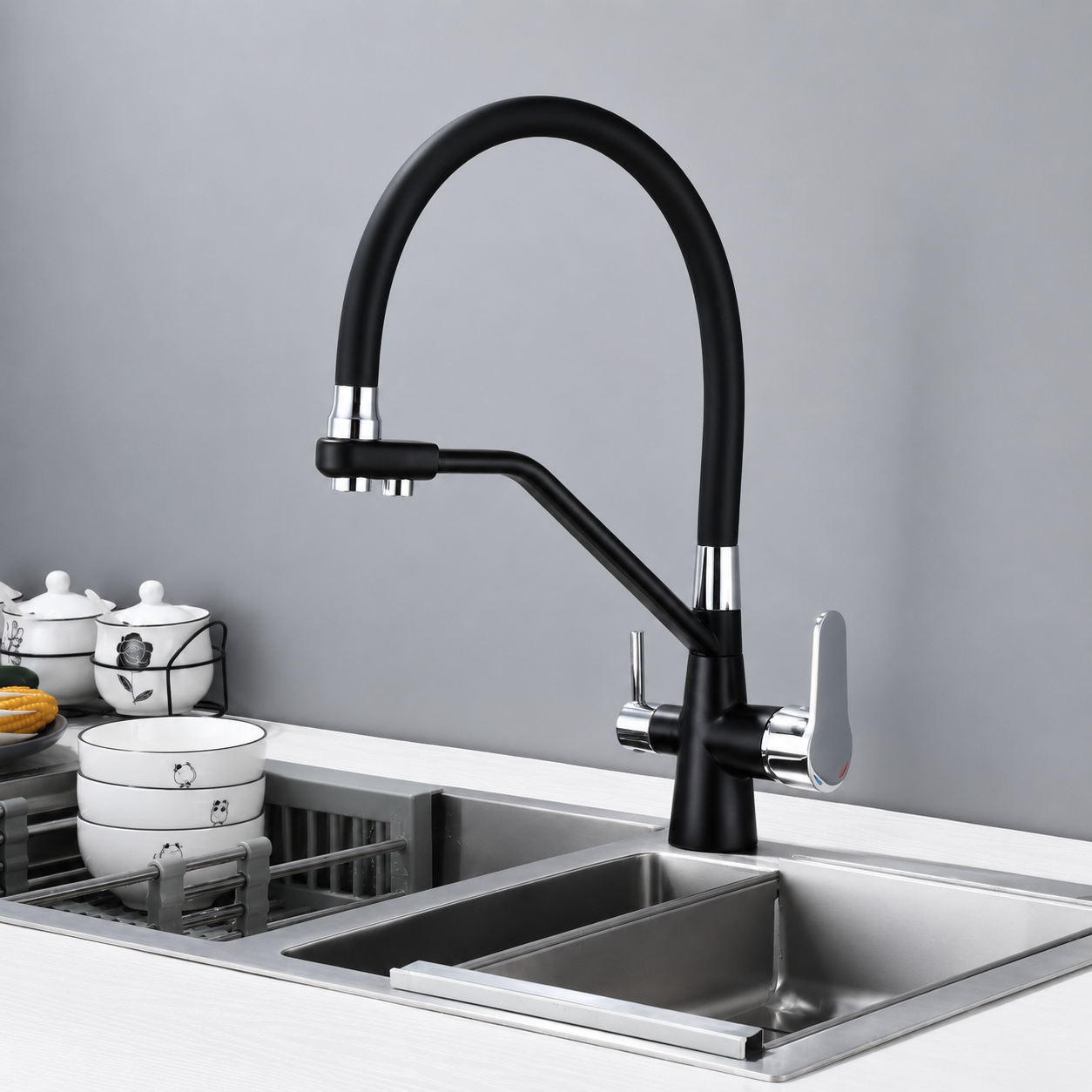 Brass High-Arc 3-Way Kitchen Faucet with Separate Purified Water Outlet
