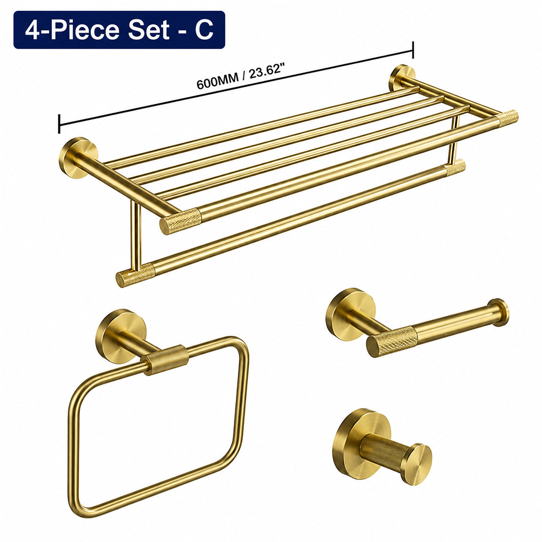 Brushed Gold Wall-Mounted Bathroom Hardware Set with Towel Bars, Shelf & Accessories