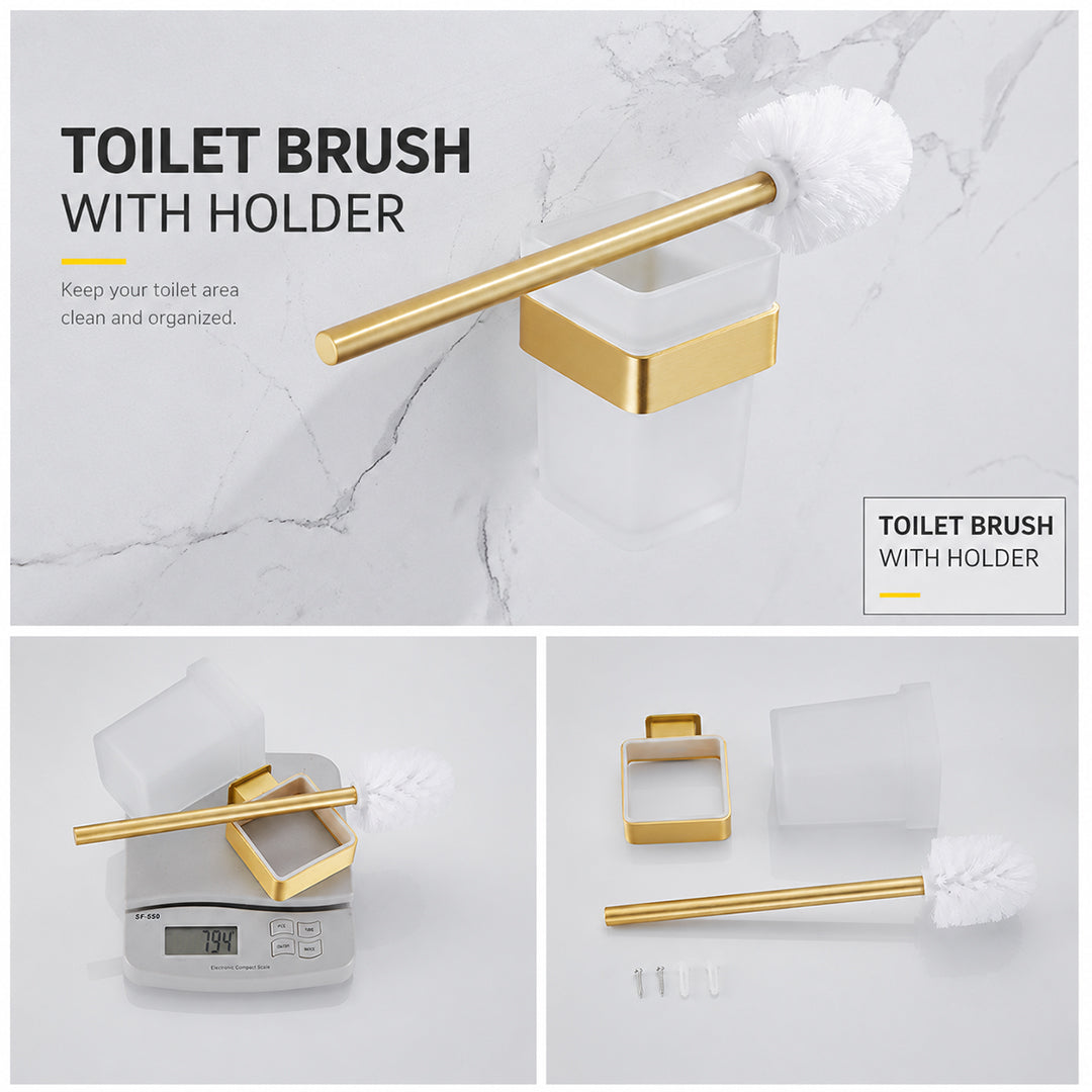 Wall Mounted Bruhsed Gold Bathroom Hardware Set with Towel Rack, Hooks & Toilet Paper Holder