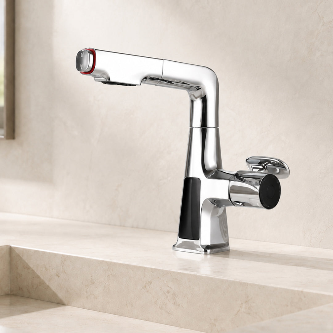 Digital Display Pull-Out Bathroom Sink Faucet with Dual Spray Modes