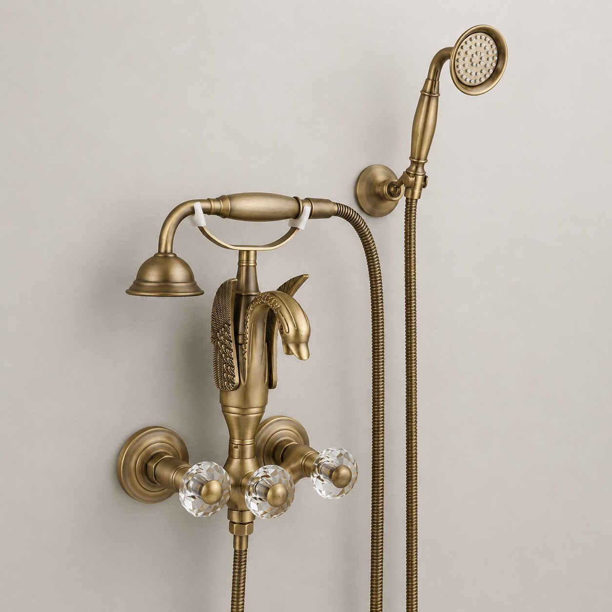 Gold Wall Mount Bathtub Faucet with Handheld Shower, Vintage Brass Tub Filler Mixer with Crystal Knobs