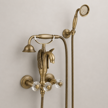 Gold Wall Mount Bathtub Faucet with Handheld Shower, Vintage Brass Tub Filler Mixer with Crystal Knobs