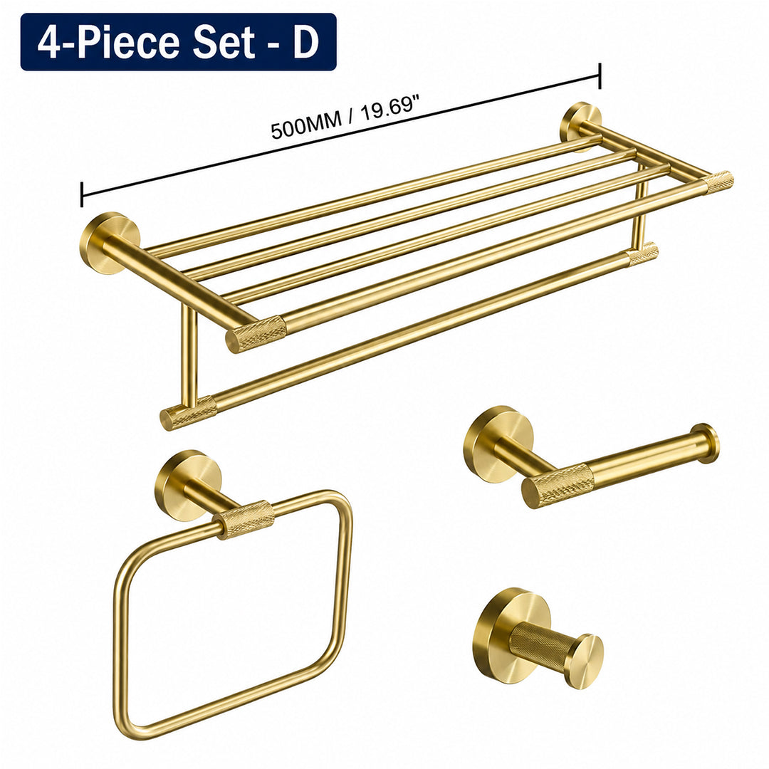 Brushed Gold Wall-Mounted Bathroom Hardware Set with Towel Bars, Shelf & Accessories