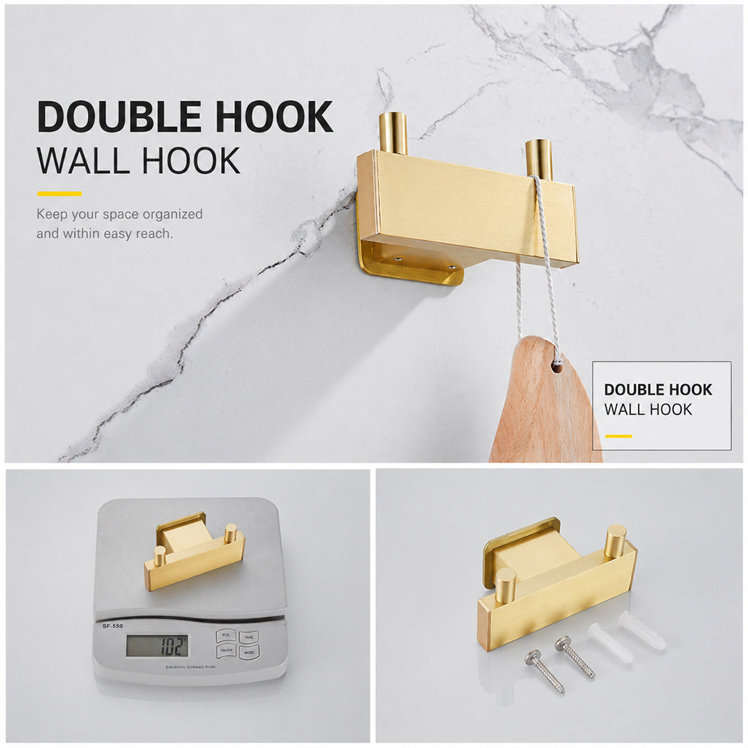 Wall Mounted Bruhsed Gold Bathroom Hardware Set with Towel Rack, Hooks & Toilet Paper Holder