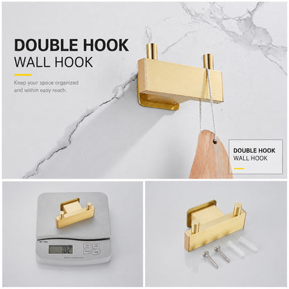 Wall Mounted Bruhsed Gold Bathroom Hardware Set with Towel Rack, Hooks & Toilet Paper Holder