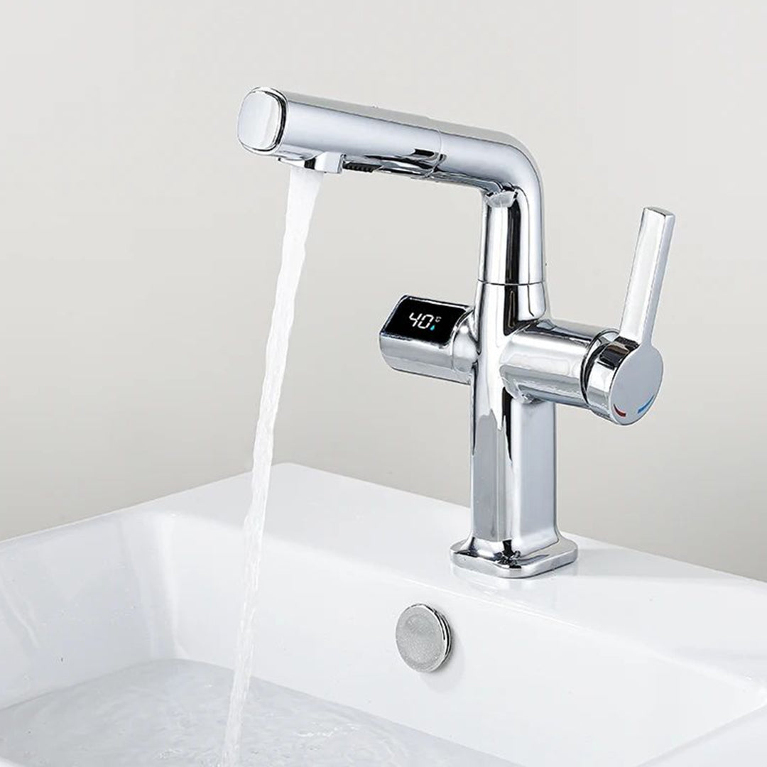 Digital Temperature Display Pull-Out Bathroom Faucet with Handheld Sprayer