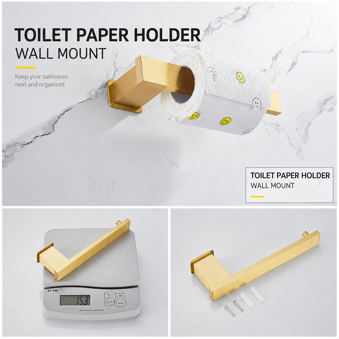 Wall Mounted Bruhsed Gold Bathroom Hardware Set with Towel Rack, Hooks & Toilet Paper Holder