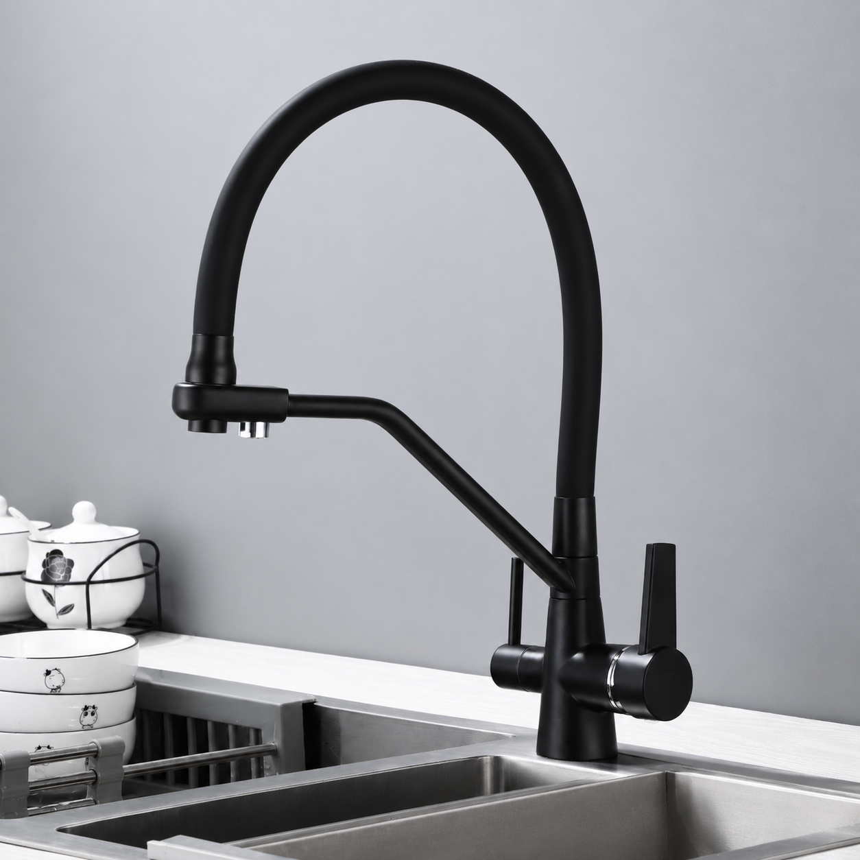 Brass High-Arc 3-Way Kitchen Faucet with Separate Purified Water Outlet