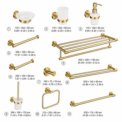 Brushed Gold Wall-Mounted Bathroom Hardware Set with Towel Bars, Shelf & Accessories