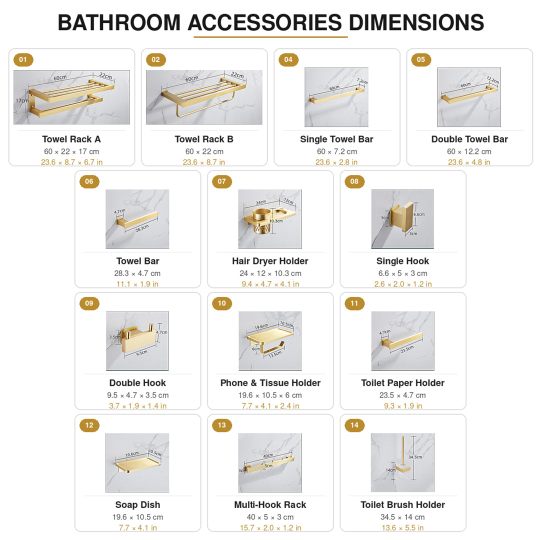 Wall Mounted Bruhsed Gold Bathroom Hardware Set with Towel Rack, Hooks & Toilet Paper Holder