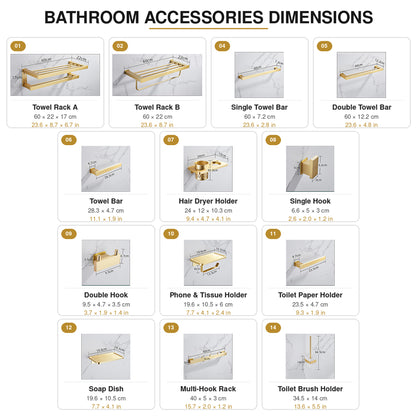 Wall Mounted Bruhsed Gold Bathroom Hardware Set with Towel Rack, Hooks & Toilet Paper Holder