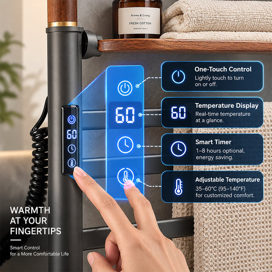 Walnut Wood Ladder Heated Towel Rack with Shelf & Hooks