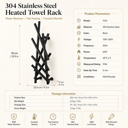 Modern Branch-Style Electric Heated Towel Rack – Matte Black
