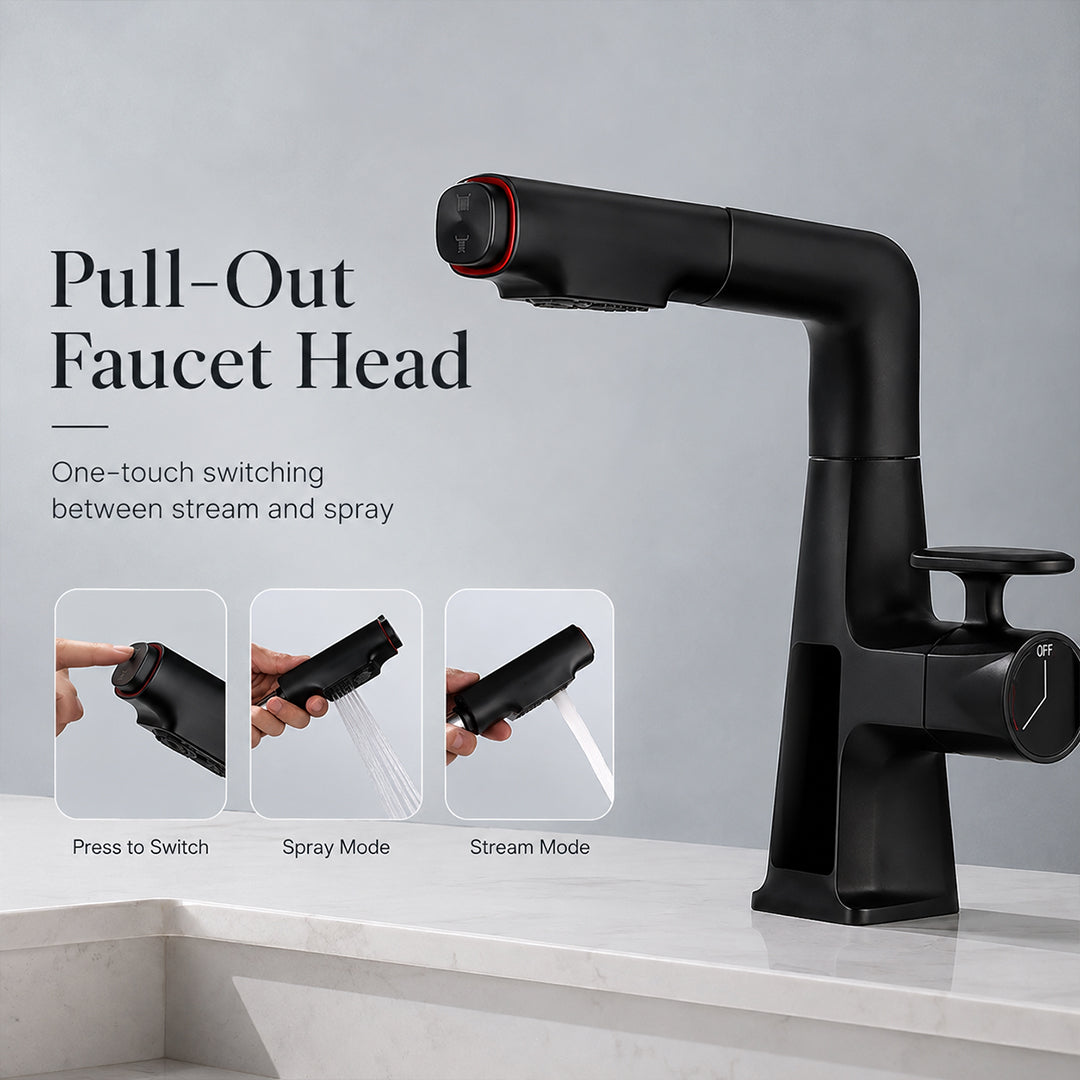 Digital Display Pull-Out Bathroom Sink Faucet with Dual Spray Modes