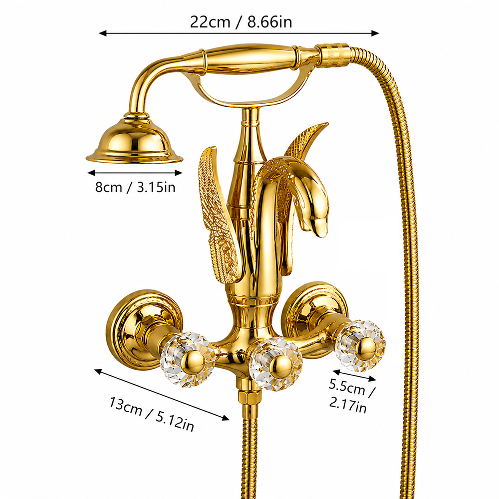 Gold Wall Mount Bathtub Faucet with Handheld Shower, Vintage Brass Tub Filler Mixer with Crystal Knobs