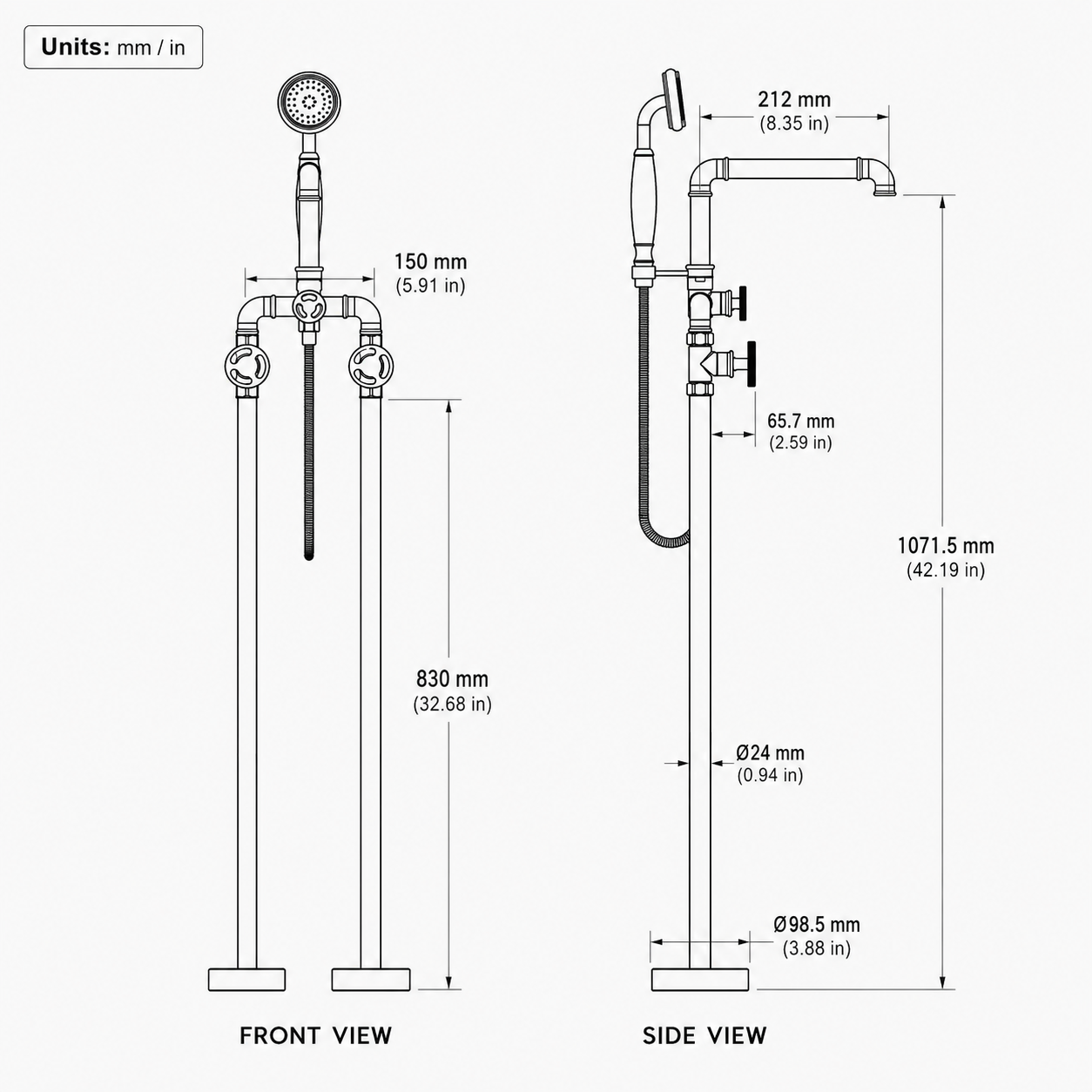 Double Handle Matte Black Freestanding Bathtub Faucet with Hand Shower