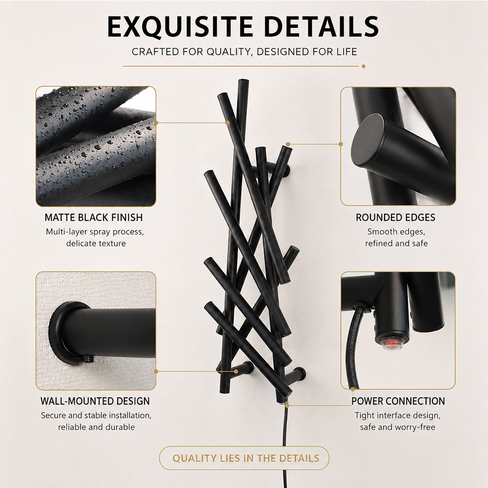 Modern Branch-Style Electric Heated Towel Rack – Matte Black