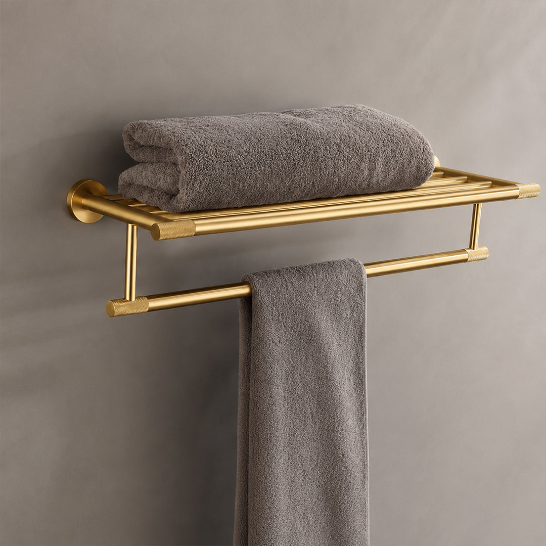 Brushed Gold Wall-Mounted Bathroom Hardware Set with Towel Bars, Shelf & Accessories