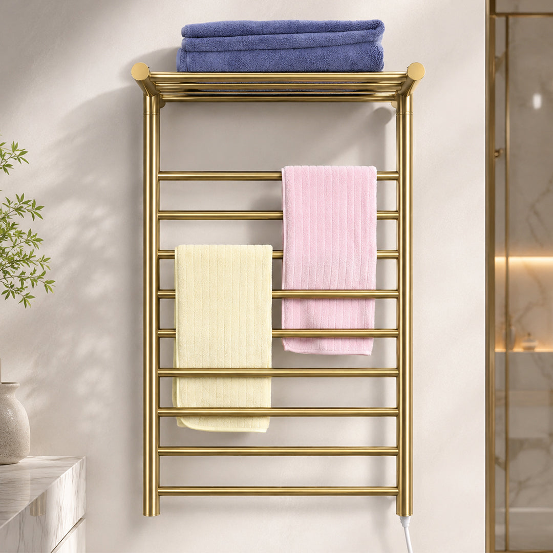 Wall-Mounted Stainless Steel Electric Heated Towel Rack with Top Shelf
