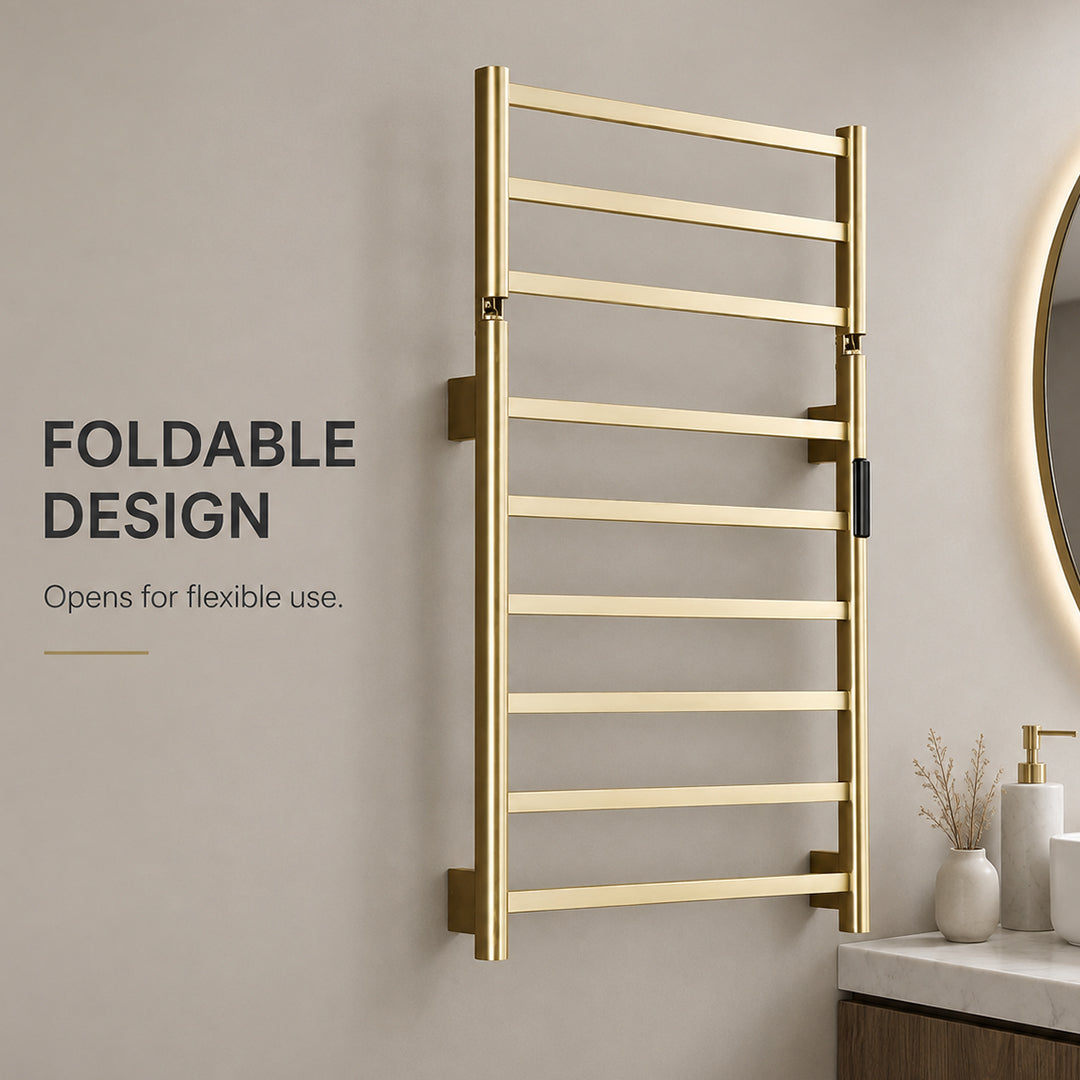 Stainless Steel Foldable Heated Towel Rack with Top Shelf, Timer & Temperature Control