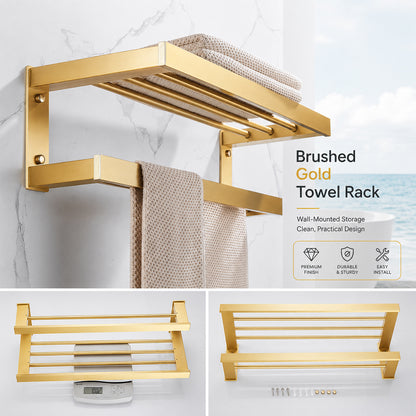 Wall Mounted Bruhsed Gold Bathroom Hardware Set with Towel Rack, Hooks & Toilet Paper Holder